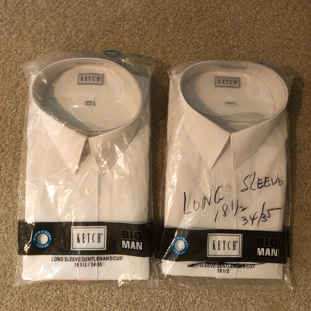 2 New Big Man White Long Sleeve Dress Shirt - 18.5/34-35 and 1 Short Sleeve